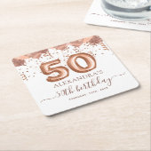 Roos gouden ballonnen 50ste verjaardagsfeestje kartonnen onderzetters (Schuin)