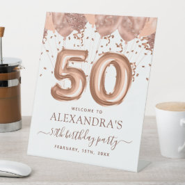 Roos gouden ballonnen 50ste verjaardagsfeestje reclamebord met voetstuk