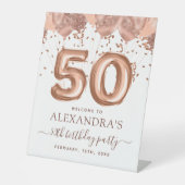 Roos gouden ballonnen 50ste verjaardagsfeestje reclamebord met voetstuk (Voorkant)