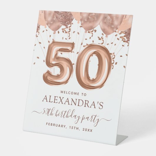 Roos gouden ballonnen 50ste verjaardagsfeestje reclamebord met voetstuk (Voorkant)