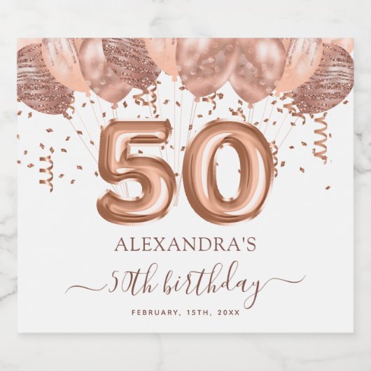 Roos gouden ballonnen 50ste verjaardagsfeestje sparkling wijnetiket (Enkel label)