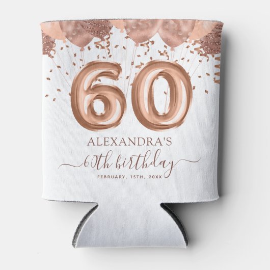 Roos gouden ballonnen 60ste verjaardagsfeestje blikjeskoeler (Voorkant)