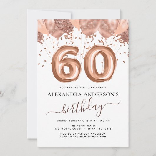 Roos gouden ballonnen 60ste verjaardagsfeestje kaart (Voorkant)