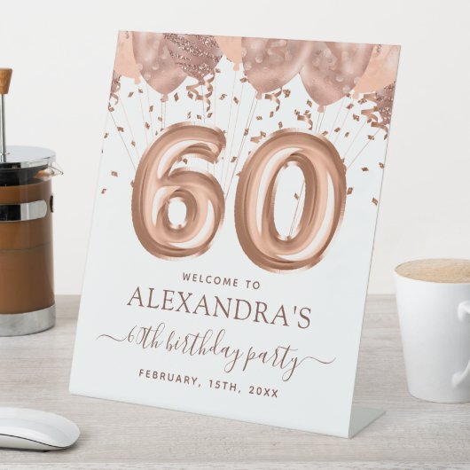 Roos gouden ballonnen 60ste verjaardagsfeestje reclamebord met voetstuk (Insitu)