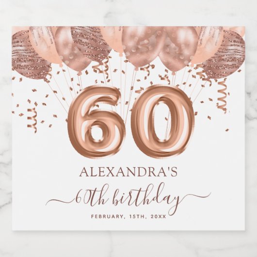 Roos gouden ballonnen 60ste verjaardagsfeestje sparkling wijnetiket (Enkel label)