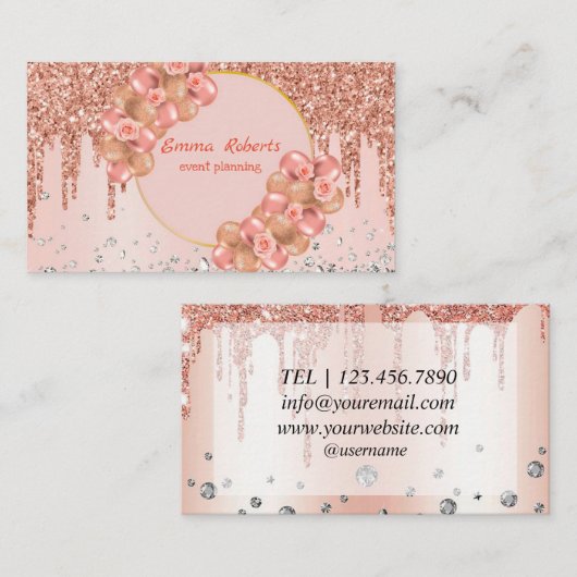 Roos gouden ballonnen feestplanner chique hedendaa visitekaartje (Voorkant / Achterkant)