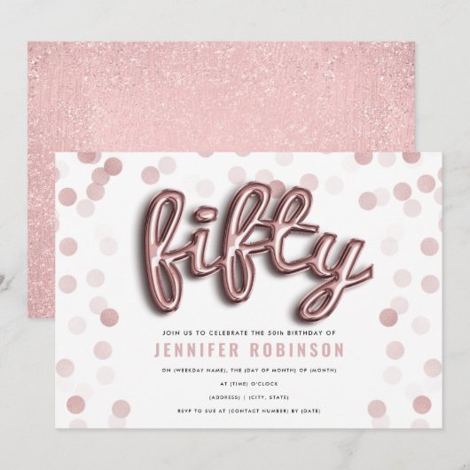Roos Gouden Ballonnen Glitter 50e Verjaardag Kaart (Voorkant / Achterkant)