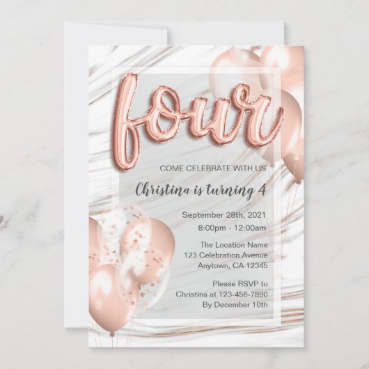 Roos gouden ballonnen marmeren meisjes 4e verjaard kaart (Voorkant)