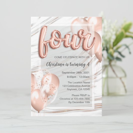 Roos gouden ballonnen marmeren meisjes 4e verjaard kaart (Staand voorkant)