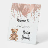 Roos gouden ballonnen teddybeer baby shower welkom reclamebord met voetstuk (Voorkant)