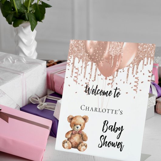 Roos gouden ballonnen teddybeer baby shower welkom reclamebord met voetstuk