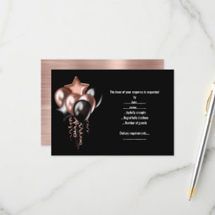 ROOS GOUDEN BALON ZWARTE METALEN RESPONSEKAART RSVP KAARTJE