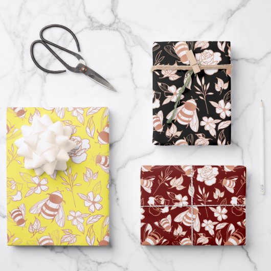 Roos gouden bijen en bloemen inpakpapier vel (Voorkant)