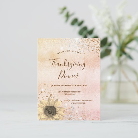 Roos gouden bijtende Thanksgiving zonnebloem Uitnodiging Briefkaart (Staand voorkant)