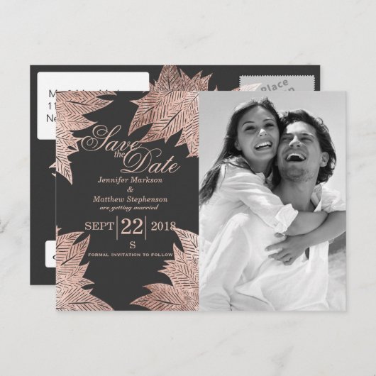 Roos Gouden Bladeren Op Zwart Save The Date Briefk Aankondigingskaart (Voorkant / Achterkant)