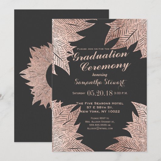 Roos Gouden Bladeren Op Zwarte Afstuderen Ceremoni Kaart (Voorkant / Achterkant)