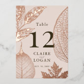 Roos Gouden Bladeren Roze Beige Trouwtafel Nummer Folie Uitnodiging (Voorkant)