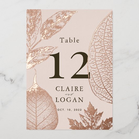 Roos Gouden Bladeren Roze Beige Trouwtafel Nummer Folie Uitnodiging (Voorkant)
