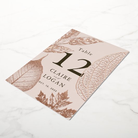 Roos Gouden Bladeren Roze Beige Trouwtafel Nummer Folie Uitnodiging (Gedraaid)