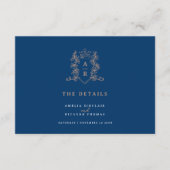 Roos Gouden Blauwe Kroon Monogram Bruiloft Details Informatiekaartje (Voorkant)