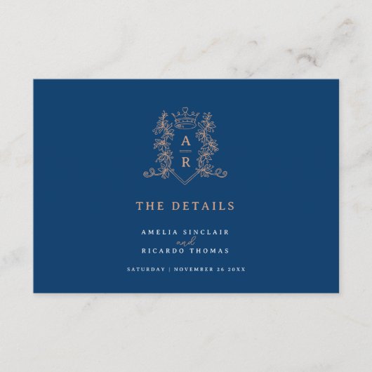 Roos Gouden Blauwe Kroon Monogram Bruiloft Details Informatiekaartje (Voorkant)