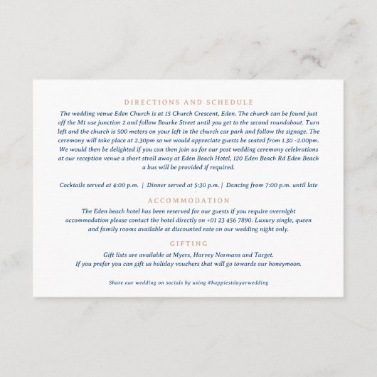 Roos Gouden Blauwe Kroon Monogram Bruiloft Details Informatiekaartje (Achterkant)