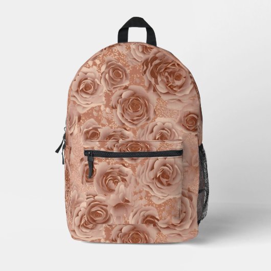 Roos Gouden Bloem Glitter Metallic Look Bedrukte Rugzak (Voorkant)