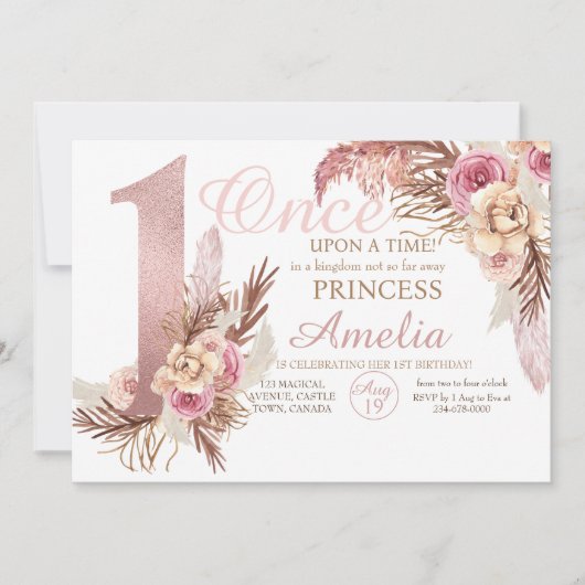 Roos gouden bloem pampas prinses 1e verjaardag kaart (Voorkant)