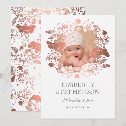 Roos Gouden Bloem Zoete Pasgeboren Baby Foto Geboo Aankondiging (Voorkant / Achterkant)