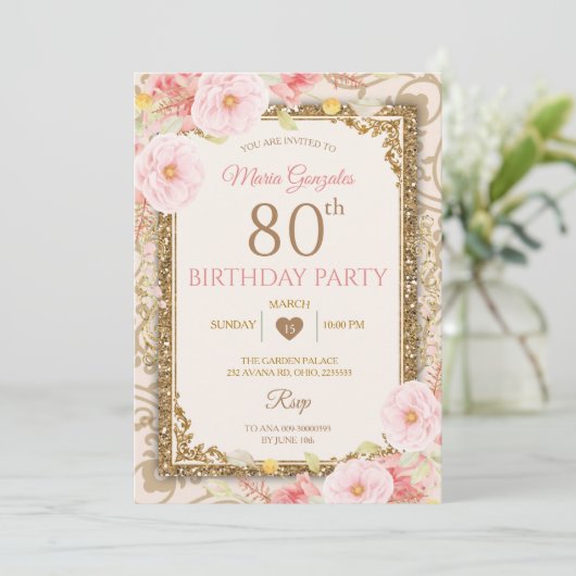 Roos Gouden Bloemen 70e,80e Verjaardag Uitnodiging (Staand voorkant)