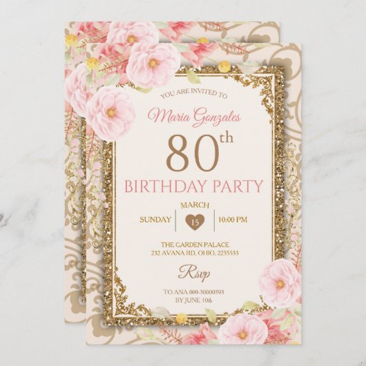 Roos Gouden Bloemen 70e,80e Verjaardag Uitnodiging (Voorkant / Achterkant)