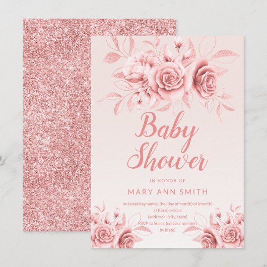 Roos Gouden Bloemen Blush Glitter Baby shower Kaart (Voorkant / Achterkant)