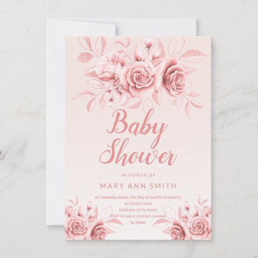 Roos Gouden Bloemen Blush Glitter Baby shower Kaart (Voorkant)