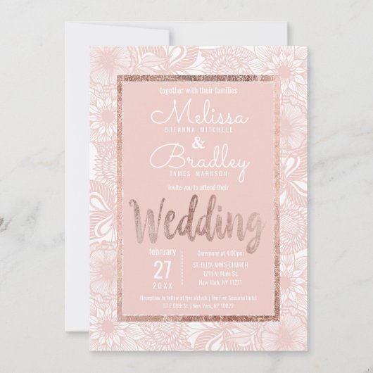 Roos Gouden Bloemen Blush Roze Borstel Script Wedd Kaart (Voorkant)