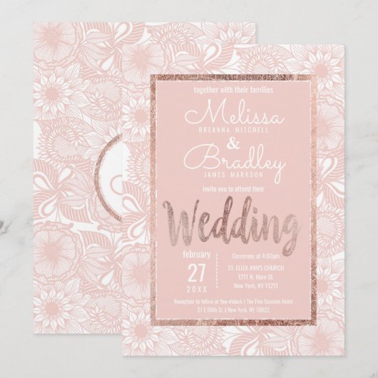 Roos Gouden Bloemen Blush Roze Borstel Script Wedd Kaart (Voorkant / Achterkant)