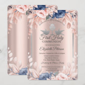 Roos gouden bloemen Eerste Heilige Communie Kaart (Voorkant / Achterkant)