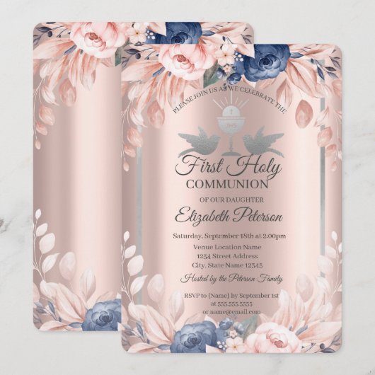 Roos gouden bloemen Eerste Heilige Communie Kaart (Voorkant / Achterkant)