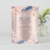 Roos gouden bloemen Eerste Heilige Communie Kaart (Staand voorkant)