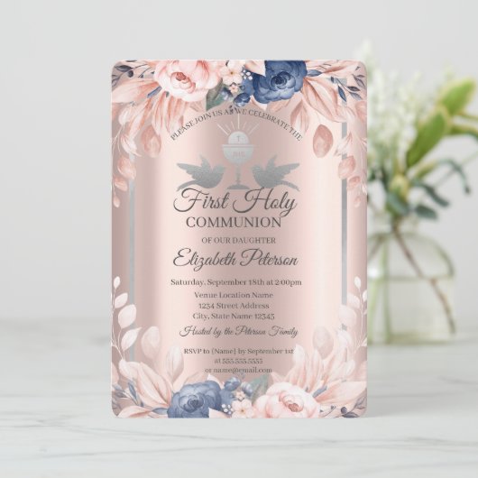 Roos gouden bloemen Eerste Heilige Communie Kaart (Staand voorkant)