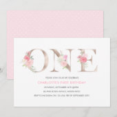 Roos gouden bloemen eerste verjaardag uitnodiging (Voorkant / Achterkant)