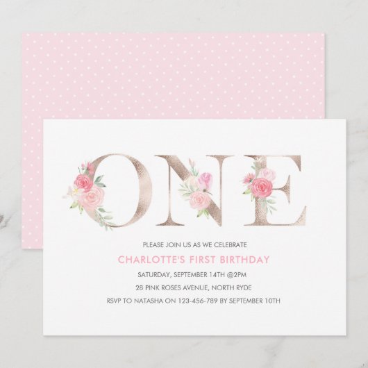 Roos gouden bloemen eerste verjaardag uitnodiging (Voorkant / Achterkant)