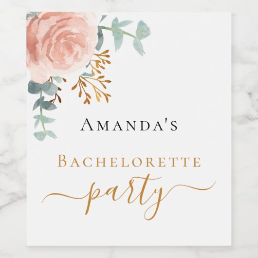 roos gouden bloemen eucalyptus Bachelorette Party Wijn Etiket (Enkel label)