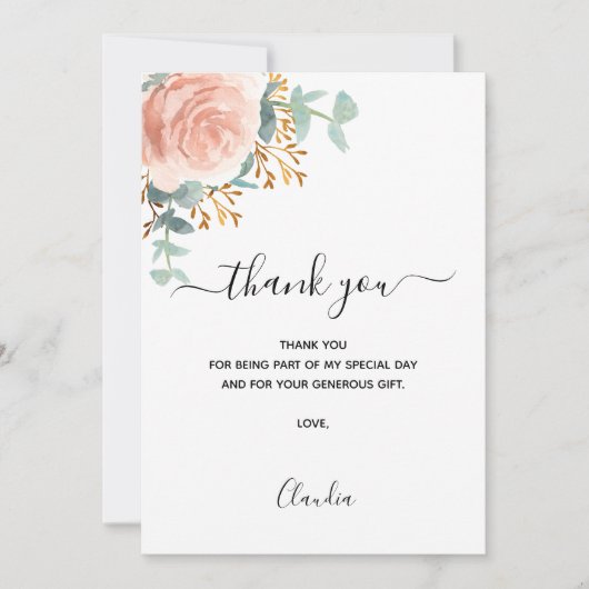 Roos gouden bloemen eucalyptus bedankkaart kaart (Voorkant)