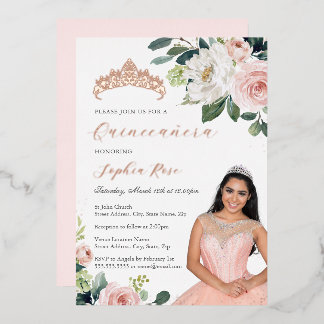 Roos Gouden Bloemen Foto Quinceanera Folie Uitnodiging