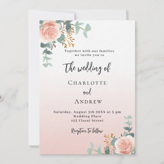 Roos gouden bloemen groen luxe bruiloft kaart (Voorkant)