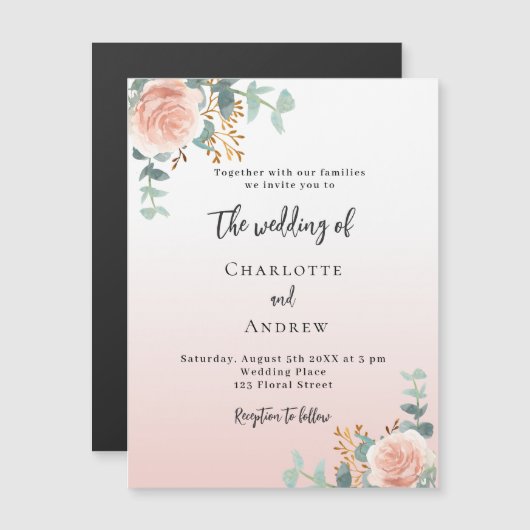 Roos gouden bloemen groen luxe bruiloft magnetische uitnodiging (Voorkant / Achterkant)