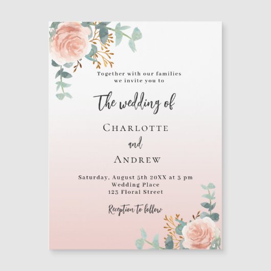 Roos gouden bloemen groen luxe bruiloft magnetische uitnodiging (Voorkant)