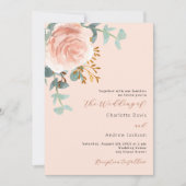 Roos gouden bloemen groen perzik bruiloft kaart (Voorkant)