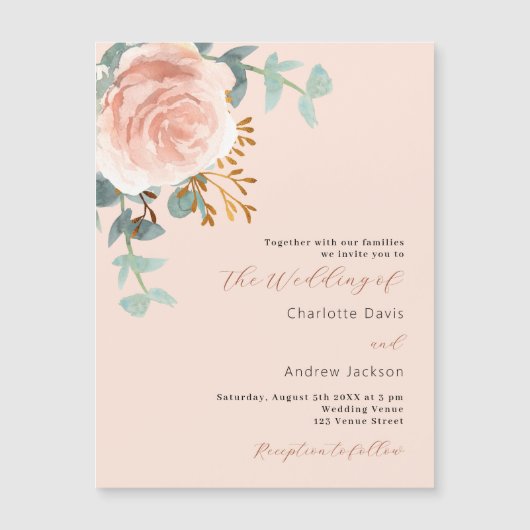 Roos gouden bloemen groen perzik luxe bruiloft magnetische uitnodiging (Voorkant)