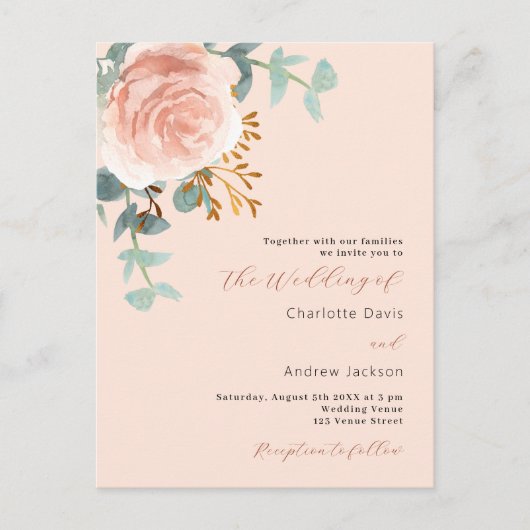 Roos gouden bloemen groen perzik QR RSVP bruiloft Uitnodiging Briefkaart (Voorkant)